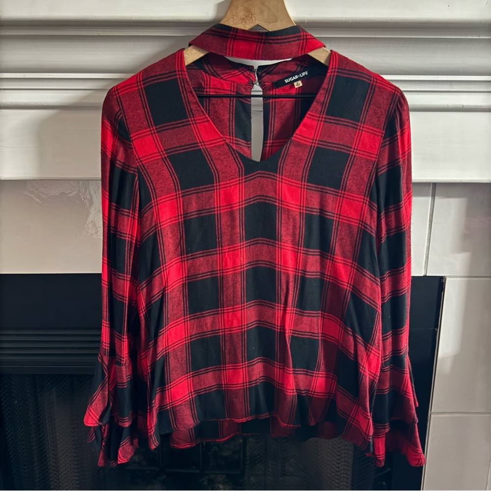 Red Buffalo Plaid Bell Sleeve Front Cut Out Long Sleeve Top Size Small
